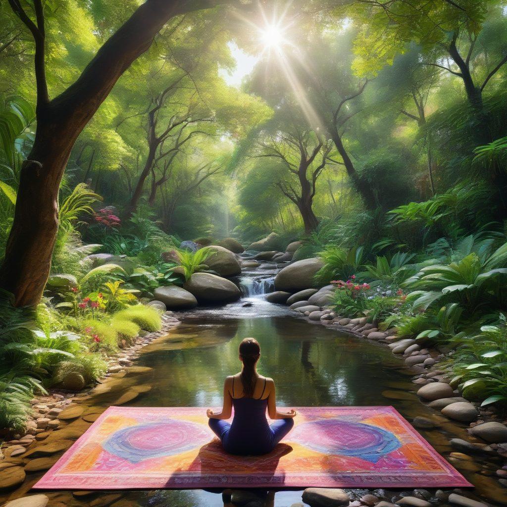 A serene landscape featuring a tranquil meditation space surrounded by nature, with a person practicing mindfulness on a colorful mat. Incorporate elements like soft sunlight filtering through leaves, gentle flowing water, and soothing plants, symbolizing healing and self-care. The scene should evoke calmness and harmony. vibrant colors. 3D effect.