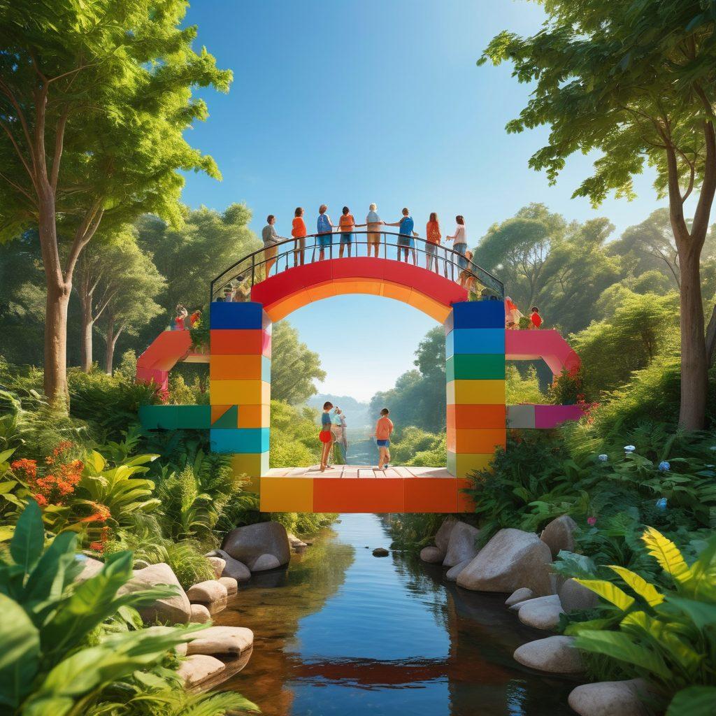 A serene landscape featuring a diverse group of people of different ages and backgrounds coming together to build a metaphorical bridge made of colorful blocks, symbolizing unity and support in mental wellness. In the background, lush greenery and a clear blue sky evoke a sense of hope and tranquility. Soft sunlight illuminates the scene, creating an inviting atmosphere. super-realistic. vibrant colors. warm tones.