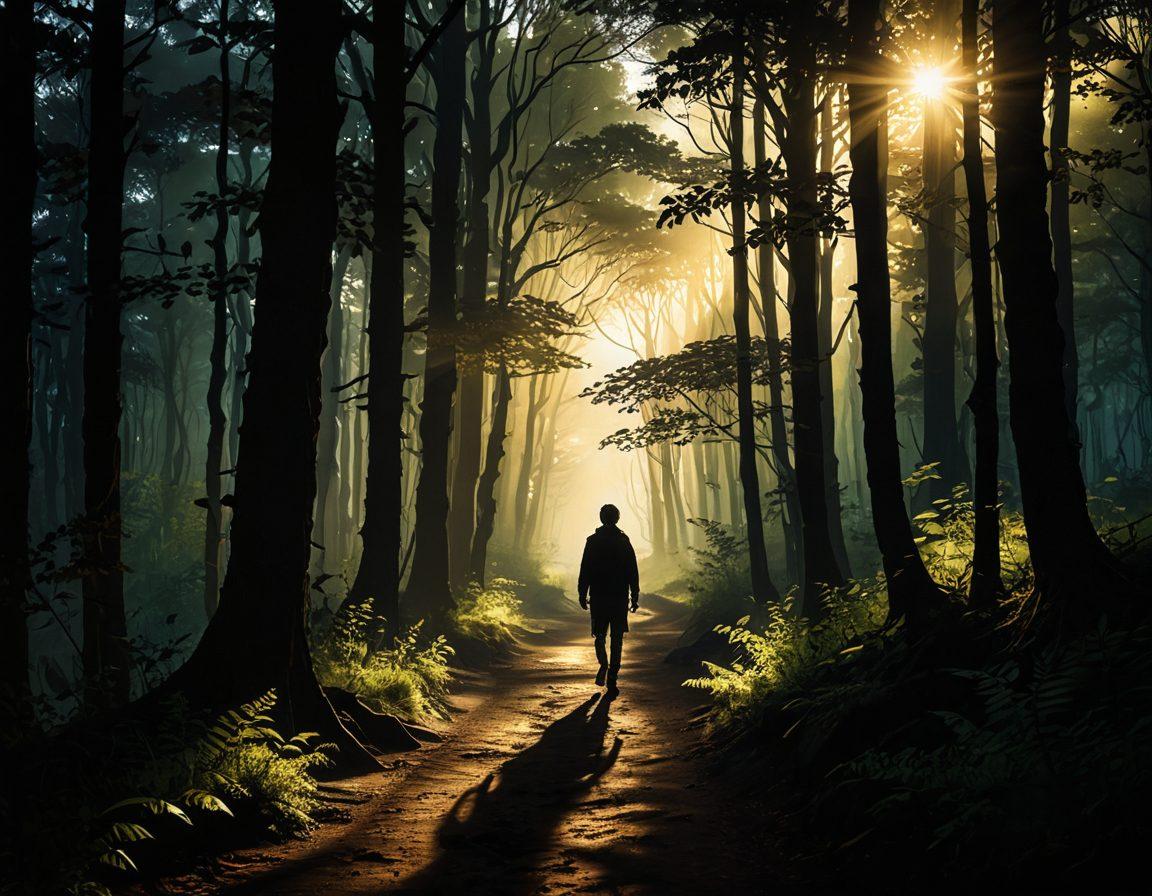 A silhouette of a person walking on a winding path through a dark forest, with beams of golden light breaking through the dense trees, illuminating their journey. Shadows of sorrow on the sides, contrasted with glimmers of hope in the distance, symbolizing emotional healing. Emphasize the contrast between dark and light to convey the theme of overcoming sadness. super-realistic. vibrant colors. ethereal glow.